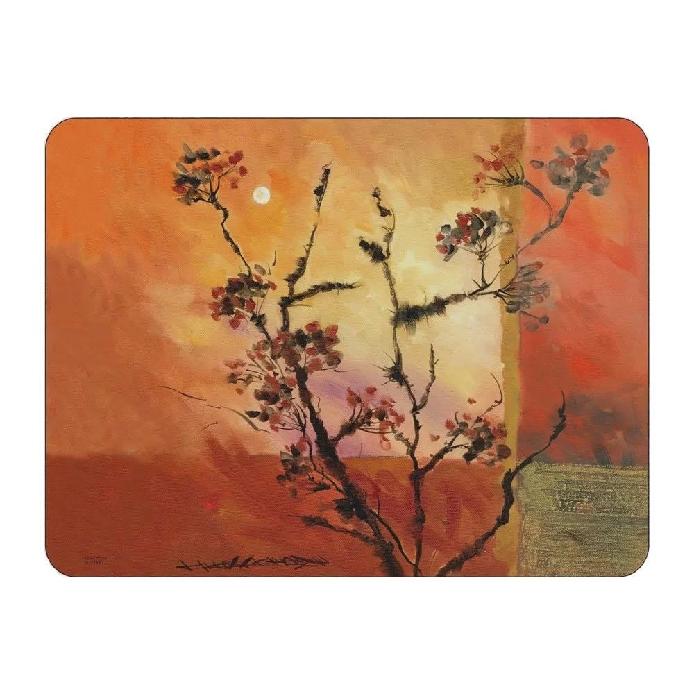 Sunset design corkbacked tablemats. Each place mat has stunning orange red brown and yellow colours Sunset design corkbacked tablemats. Each place mat has stunning orange red brown and yellow colours