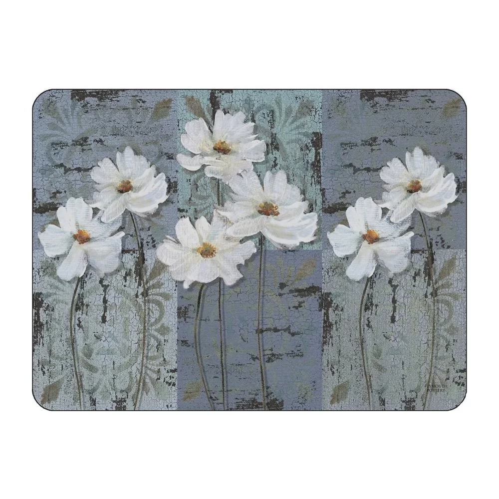 White Poppies floral corkbacked placemats, traditional design with blue grey colours White Poppies floral corkbacked placemats, traditional design with blue grey colours