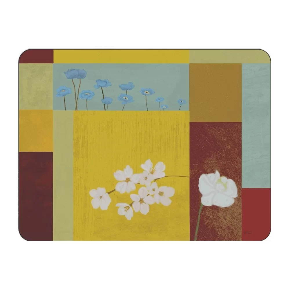 Yellow abstract corkbacked placemat design of white daisy flowers in squares Yellow abstract corkbacked placemat design of white daisy flowers in squares