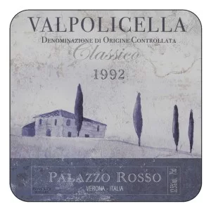 Wine label design of square drinks coasters with corkbacking. Vino Italiano Valpolicella