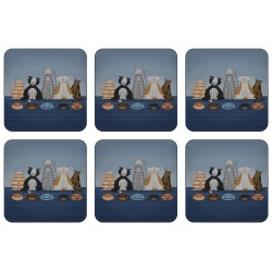 Set of 6 Animal design corkbacked square coasters, Hungry Cats by Jo Parry