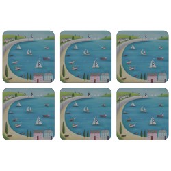 Set of 6 drinks coasters, Harbour View square corkbacked British seaside design