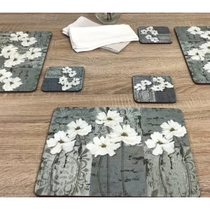 Close up wooden dining table image of White Poppies corkbacked tablemats, traditional design