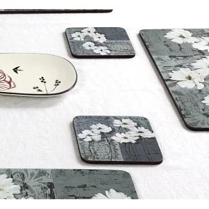 Close up image of floral corkbacked coasters, White Poppies design