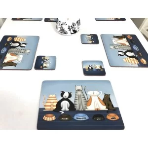 White dining table view of animal design tablemats of Hungry Cats, corkbacked with hard surface