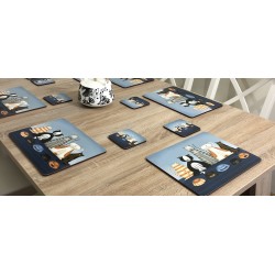 Animal design of Hungry Cats square corkbacked coasters on wooden dining table