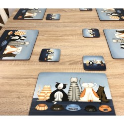 Plymouth Pottery Hungry Cats square corkbacked drinks coasters on dining table