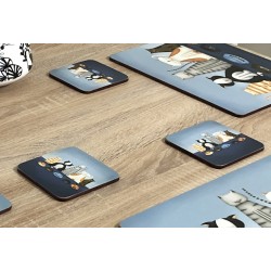 Close up view of animal design of Hungry Cats square corkbacked coasters
