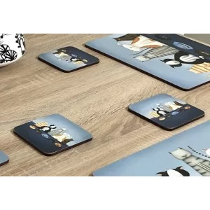 Close up view of animal design of Hungry Cats square corkbacked coasters