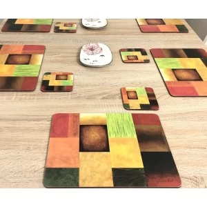 Majestic design of vibrantly coloured corkbacked placemats on wooden dining table