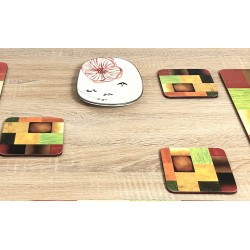 Close up image of colourful square corkbacked drinks coasters, Majestic by Plymouth