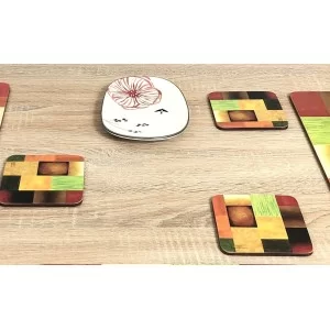 Close up image of colourful square corkbacked drinks coasters, Majestic by Plymouth