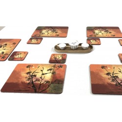 White tablecloth displaying Sunset design drinks coasters. Square with soft cork backing.