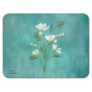Infinity design, teal blue background, corkbacked floral placemats