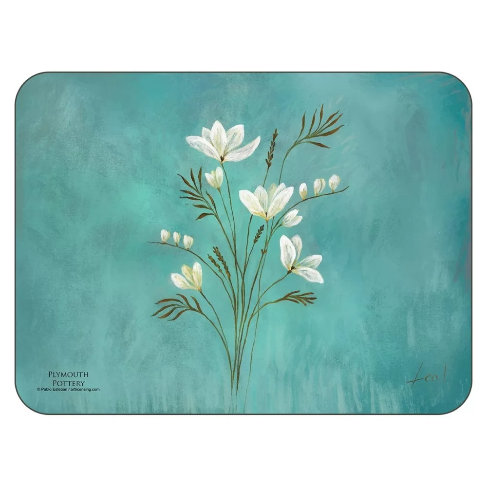 Infinity design, teal blue background, corkbacked floral placemats Infinity design, teal blue background, corkbacked floral placemats