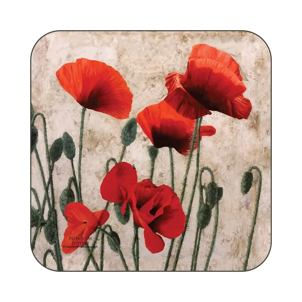 Red Poppies design cork backed floral coasters Red Poppies design cork backed floral coasters