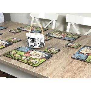 Mother Hen cork backed tablemats and coasters with teapot