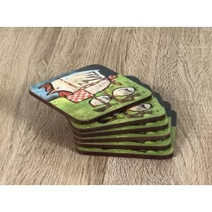 Mother Hen drinks coasters stacked on wooden table