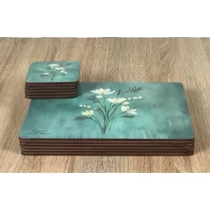 Neatly stacked Infinity, teal blue background, corkbacked floral placemats and matching coasters