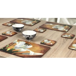 Lily Sunburst orange background, corkbacked floral placemats on wooden table with bowls