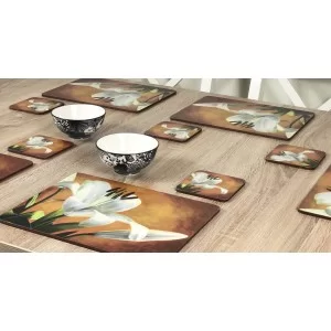 Lily Sunburst orange background, corkbacked floral placemats on wooden table with bowls