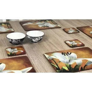 Wooden table with bowls Lily Sunburst orange background, corkbacked floral placemats