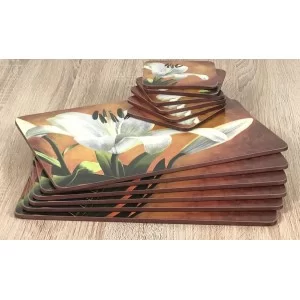 Coasters and placemats Lily Sunburst orange background, corkbacked floral design