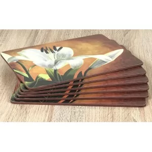 Placemats Lily Sunburst orange background, corkbacked floral design fanned out all six