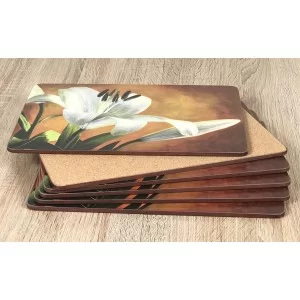 Placemats Lily Sunburst orange background, corkbacked floral design fanned showing cork base