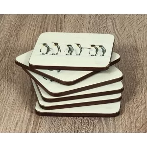 Set of 6 Penguin Parade drinks coasters by Plymouth Pottery fanned out