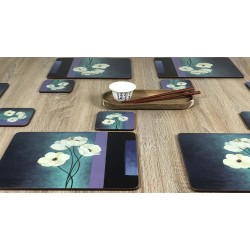 Plymouth Pottery Timeless white flowers set of 6 tablemats on wooden table with chopsticks