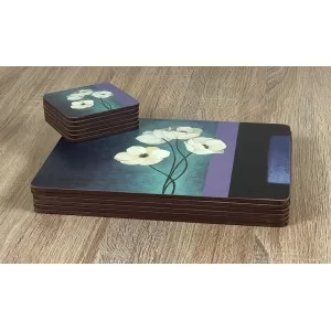 Plymouth Pottery Timeless white flowers set of 6 tablemats with stacked coasters