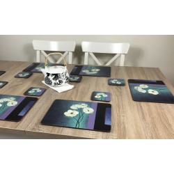 Plymouth Pottery Timeless white flowers set of 6 tablemats on wooden table with teapot