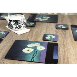 Wooden table with teapot and Plymouth Pottery Timeless white flowers set of 6 tablemats