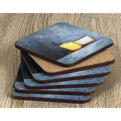 Blue Harmony corkbacked drinks coasters with cork displayed