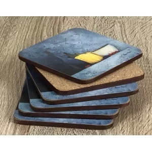 Blue Harmony corkbacked drinks coasters with cork displayed