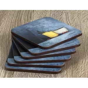 Stacked set of Blue Harmony corkbacked drinks coasters