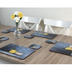 Vase of yellow flowers and Blue Harmony corkbacked drinks coasters