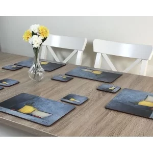 Blue Harmony fruit based set of 6 tablemats on table with yellow flowers