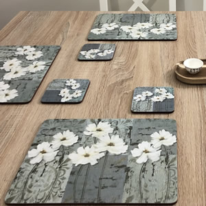 White Poppies placemats and coasters set on wooden table